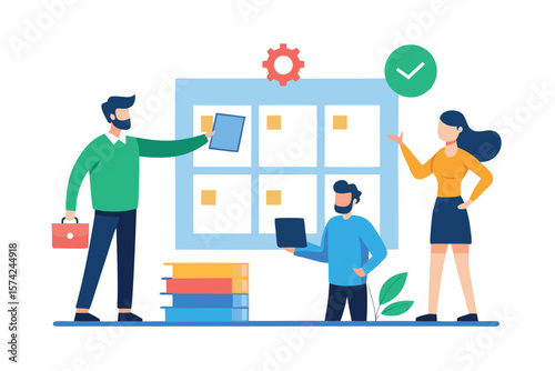 Team collaborates on a project using a kanban board and digital tools