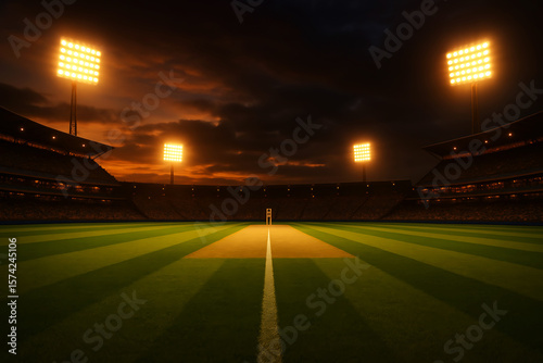 Empty cricket stadium at dusk with bright floodlights illuminating the pitch