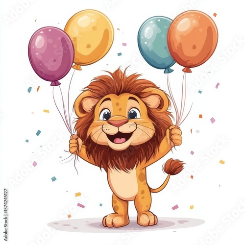 charming cartoon lion at a party, holding air balloons, isolated against a white background for a joyful greeting card, Generative AI