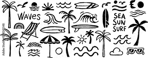 Hand-drawn doodle beach and surf icon vector set with tropical elements like palm trees, waves, surfboards, and sun. Perfect for summer designs, t-shirts, posters, and coastal design.
