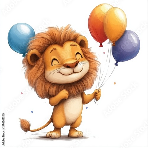 charming cartoon lion at a party, holding air balloons, isolated against a white background for a joyful greeting card, Generative AI