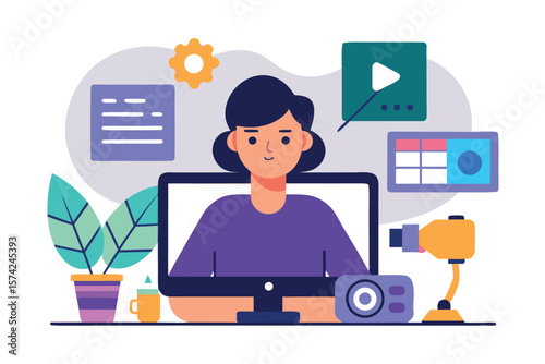 Young woman creating digital content with computer camera and video editing tools