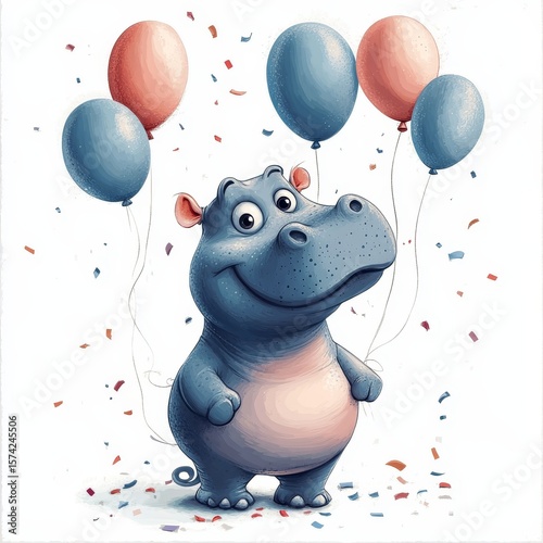 playful cartoon hippo at a party, surrounded by air balloons and confetti, isolated against a white background for a festive greeting card, Generative AI