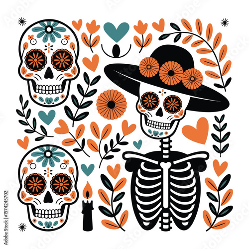 Day of the Dead Skull Icons-Día de los Muertos Vector Set
