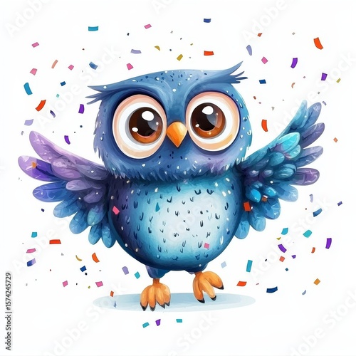 cheerful cartoon owl with confetti, isolated against a white background, perfect for a festive greeting card, Generative AI