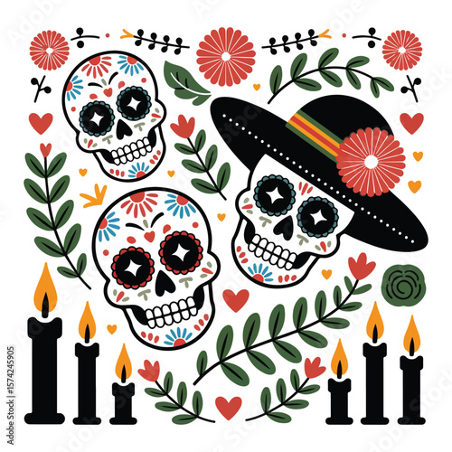 Day of the Dead Skull Icons-Día de los Muertos Vector Set
