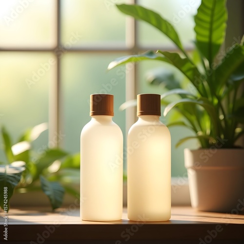 Zero Waste Cosmetic Bottles on Wooden Table Near Plants. Modern Product Packaging Design Mockup