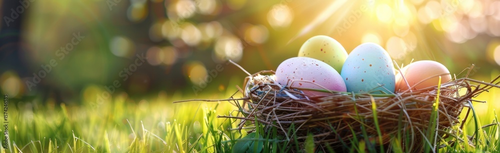 Obraz premium Colorful Easter eggs in a bird nest on a green grass meadow with a sun flare background.