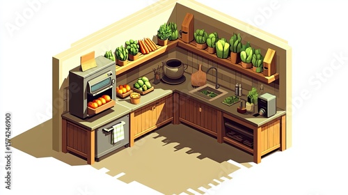 Isometric illustration of a corner kitchen with produce and herbs.