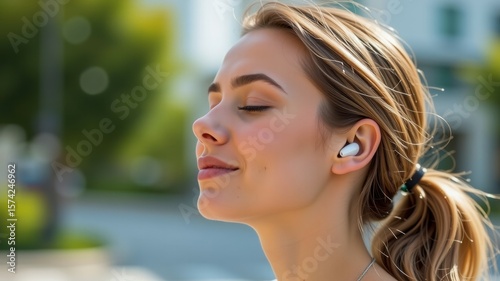 Meditation for high performance workers helps enhance focus and calmness in young woman enjoying peaceful moments outdoors with wireless earbuds