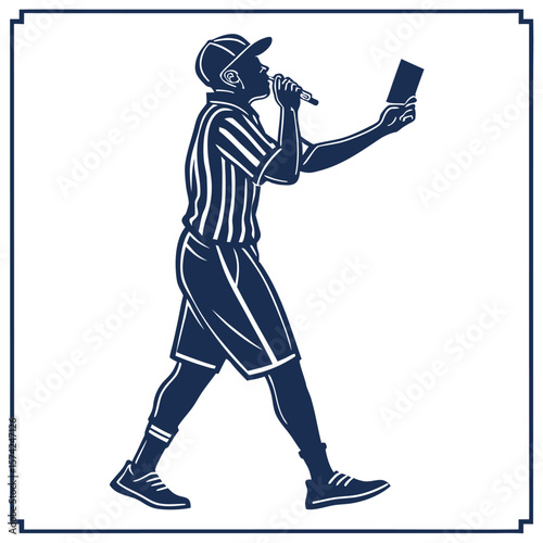 Sports referee in silhouette blowing a whistle and holding a penalty card during a game