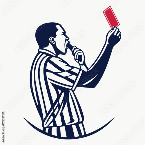 Referee blowing whistle and showing red card to player during sports match penalty enforcement