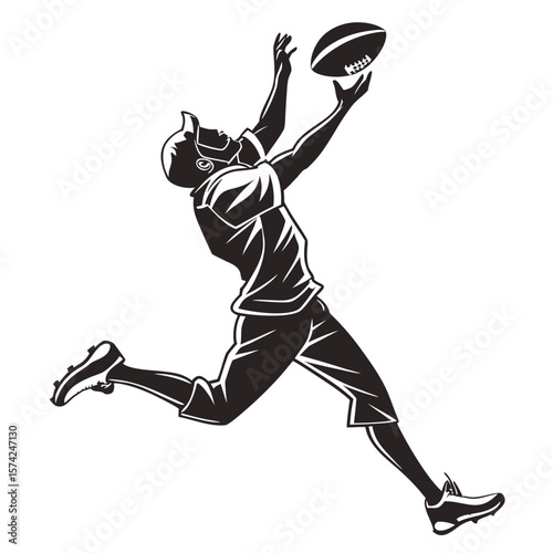 Dynamic black and white illustration of an american football player leaping high to catch a pass during a game