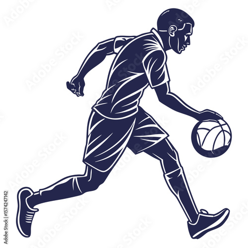 Dynamic silhouette of a basketball player dribbling the ball while running with intense focus