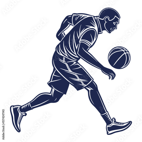 Dynamic illustration of a male basketball player dribbling the ball with speed and agility on a white background