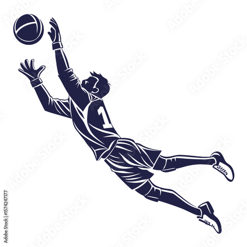 Dynamic silhouette of a soccer goalkeeper in mid air reaching to catch the ball with outstretched arms and legs