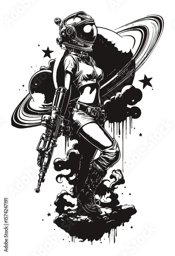 Hand-Drawn Futuristic Space Woman with Planetary Background and Weapon