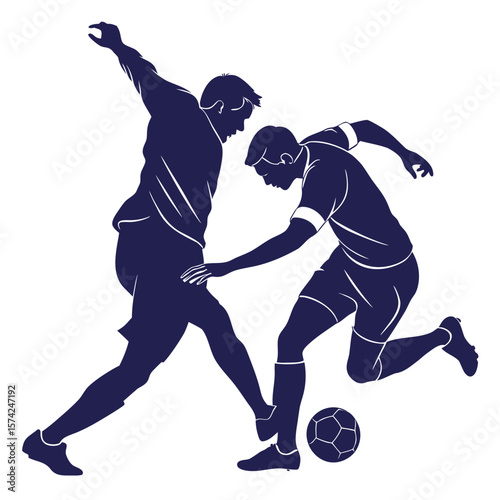 Two silhouetted soccer players in dynamic action one defending and one attacking with the ball on a white background