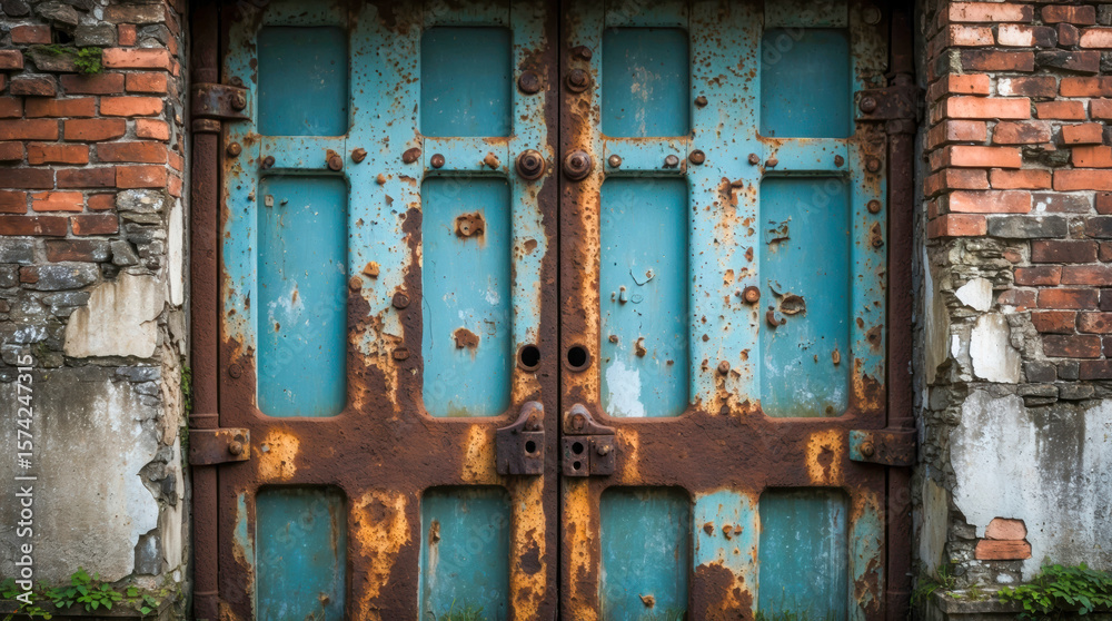 Naklejka premium Close-up of a weathered, rusty blue metal door set in a crumbling brick and stone wall, showcasing decay, texture, and urban abandonment.