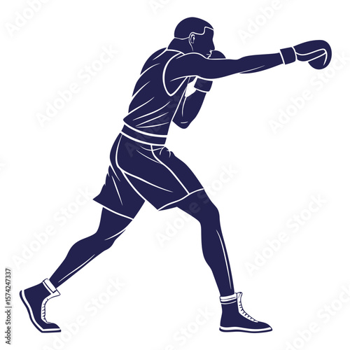 Athletic male boxer in dark blue silhouette throwing a punch during a boxing match or training session