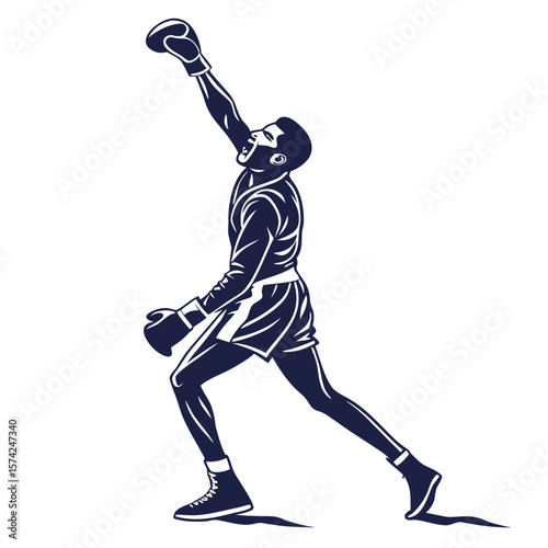 Triumphant boxer raising gloved fist in victory pose after winning a boxing match