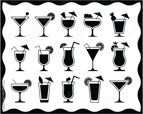 Black and White Drink Glasses & Bottles Illustration – 3x4 Minimalist Grid