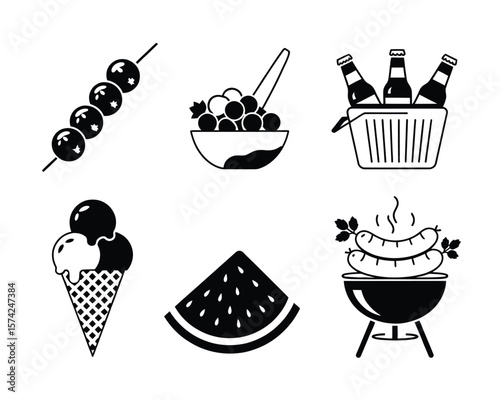 Summer BBQ and Snack Icons – Monochrome Silhouettes in Two Rows

