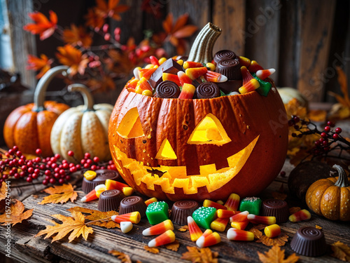 intricately carved Halloween pumpkin overflowing with a colorful assortment of candies and sweets