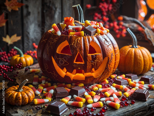 intricately carved Halloween pumpkin overflowing with a colorful assortment of candies and sweets