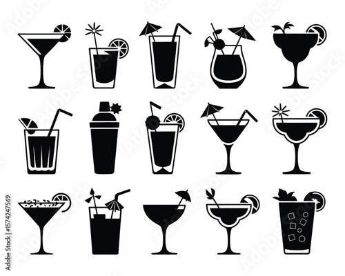 Outline Drinkware Collection – Wine Glass, Coffee Cup, Cocktail & Bottle Vector