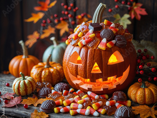 intricately carved Halloween pumpkin overflowing with a colorful assortment of candies and sweets