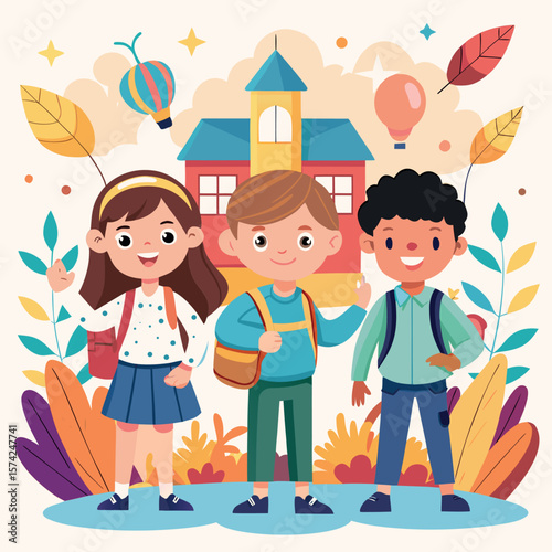 Happy Kids Going Back to School – Vector Illustration
