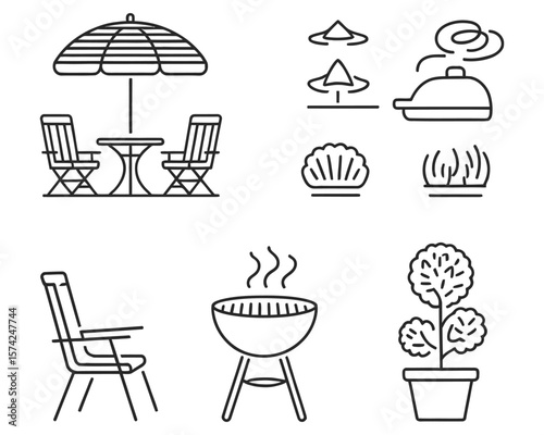 Minimal Black Line Outdoor Icons – Umbrella, Grill, Plants, Lantern