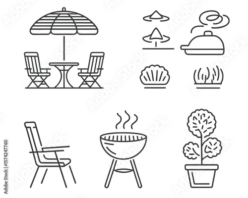 Minimalist Outdoor Line Icons – 8 Black Thin Line Patio & Garden Symbols

