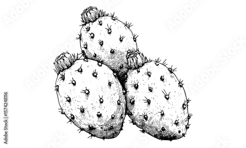Prickly pear fruit engraving, vintage cactus sketch, hand-drawn desert food, trendy botanical artwork, black ink style, old illustration, cactus fruit drawing, exotic plant decor