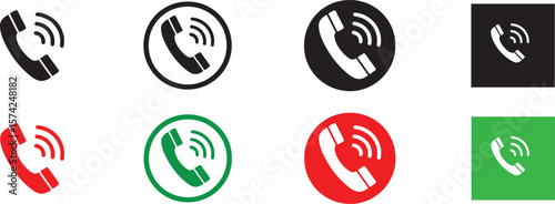 Collection of eight different telephone icons including black white red green and circular square shapes isolated on transparent background