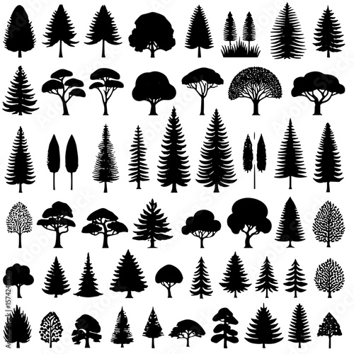 Minimalist tree icons set on white background
