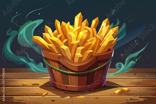 vector of Golden crispy french fries in a basket on old wooden surface, visible curls from smoke, side of ketchup and herbs, moody lighting for food advertisement
