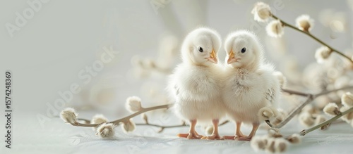 Cute fluffy baby chicks with willow catkins on the background of light gray
