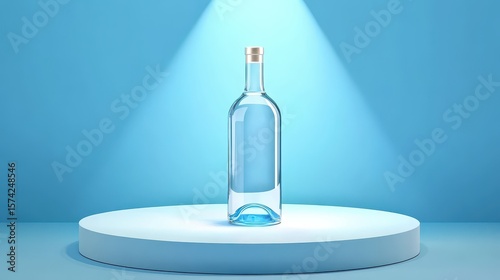 Empty glass bottle on a light blue pedestal.