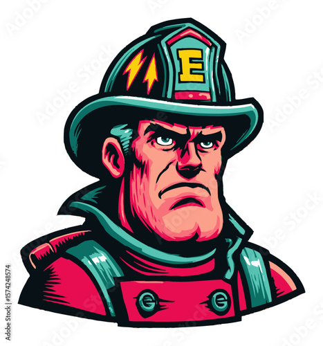 Vintage Cartoon Firefighter Portrait with Bold Colors and Strong Expression