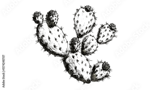 Hand-drawn cactus fruit sketch, black ink engraving of prickly pear, botanical vintage style, old desert food art, trendy illustration, rustic nature decor, Mexican plant artwork