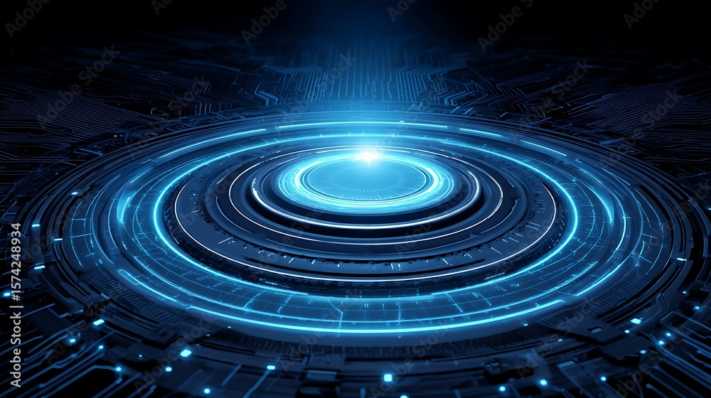 Fototapeta premium Futuristic blue neon circular energy portal with circuit board background