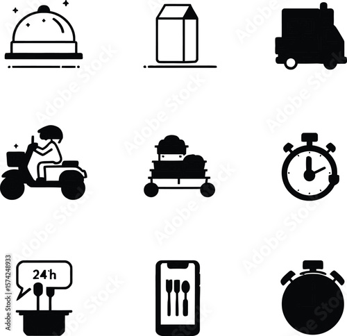 Essential Food Service Icon Set with Delivery, Timing, and Ordering Symbols in Hand-Drawn Monochrome Style