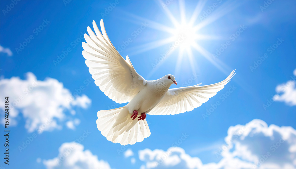 A white dove soars gracefully against a bright, sunny, blue sky. A white dove soars gracefully against a bright, sunny, blue sky.
