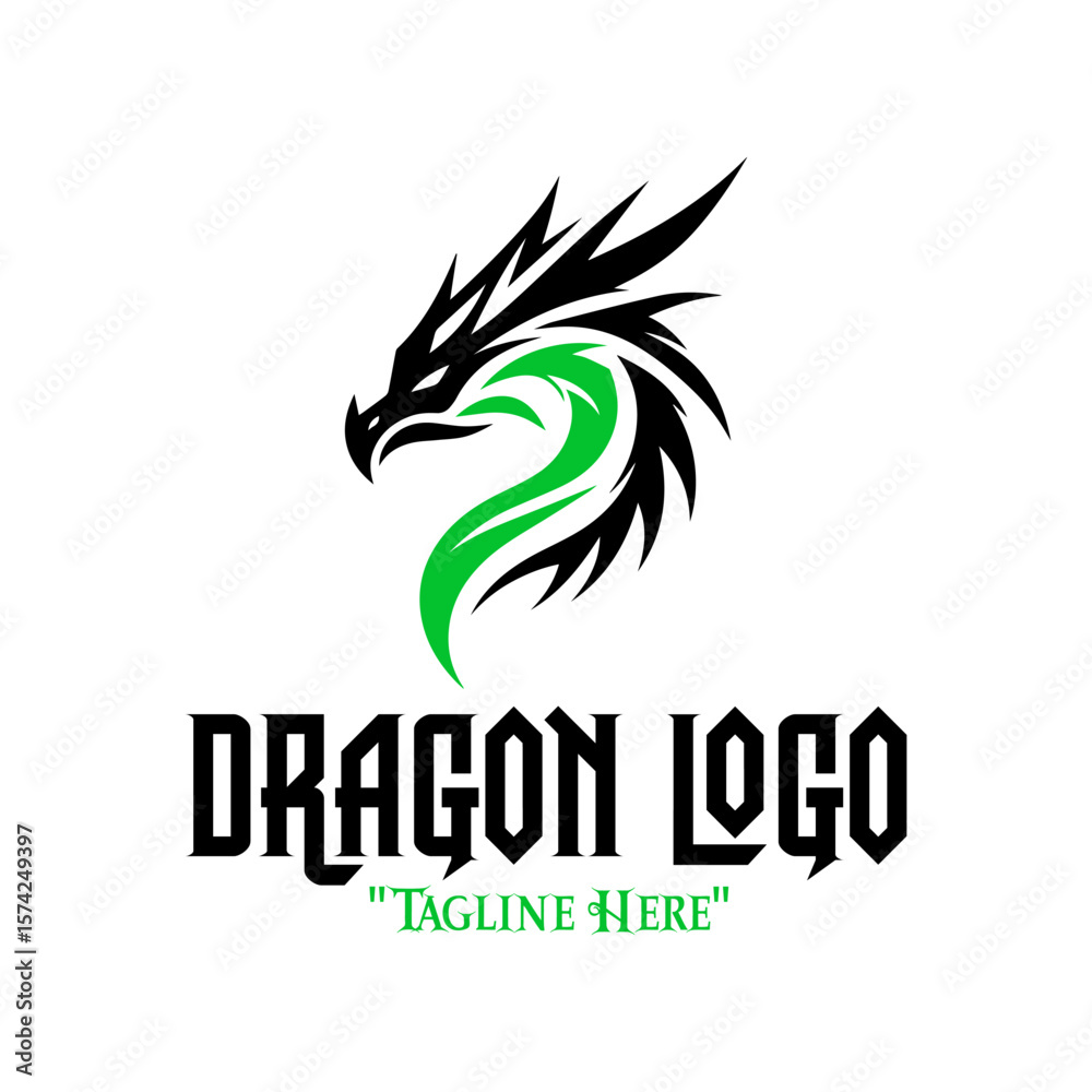 Fototapeta premium Dynamic Black Robot Dragon Logo with Green Neon Accents for Futuristic Branding and Identity 