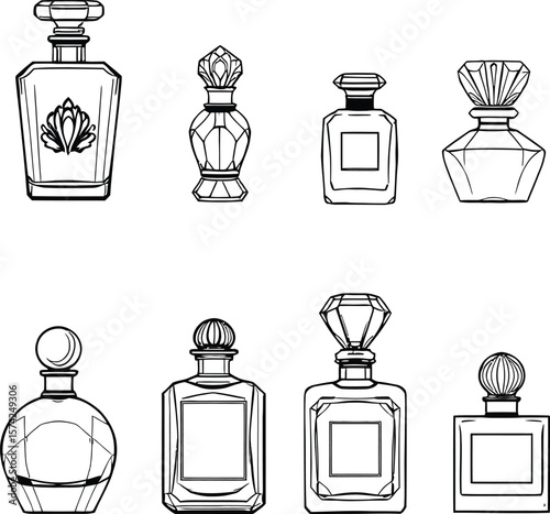 Set of 8 Stylized Perfume Bottle Line Icons Featuring Diverse Shapes and Decorative Details in Elegant Monochrome Style