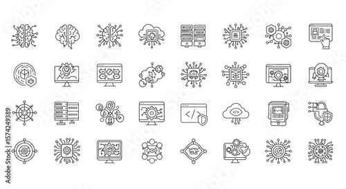 A collection of outlined icons representing artificial intelligence, cloud computing, and data processing concepts.