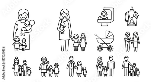 Line art illustrations depict various family scenarios, including parents and children.