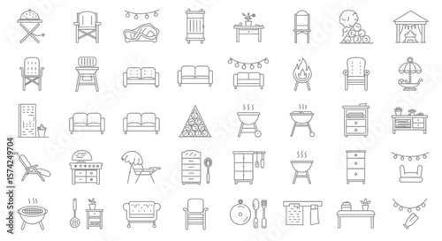 Collection of various line art illustrations featuring furniture, decorative elements, and outdoor items.